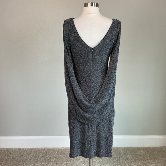 Avery G Black Midi Sheath Cocktail Dress Size 8 Metallic Knit Draped Back - Picture 2 of 14